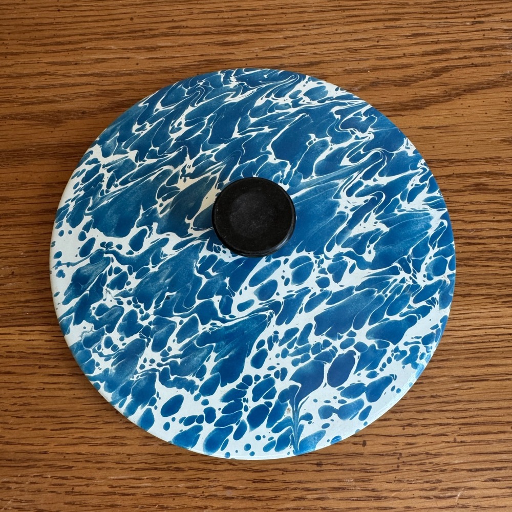 Antique Primitive Blue White Splatter Enamelware‎ Replacement Pot Lid Marbled